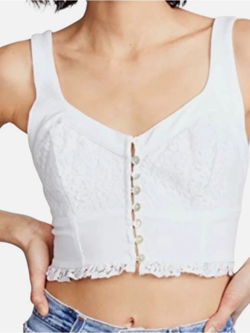 Free People White Lace-Trim Cropped Cami